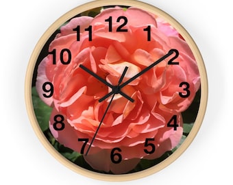 Pink Rose Wall Clock: Floral Wood Frame, Elegant Home Decor