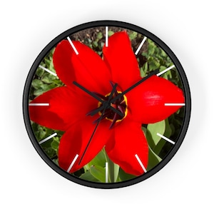Könnte beinhalten: Eine schwarze Wanduhr mit einer roten Tulpenblume in der Mitte. Das Zifferblatt der Uhr hat weiße Stunden- und Minutenzeiger und weiße Markierungen für die Zahlen.