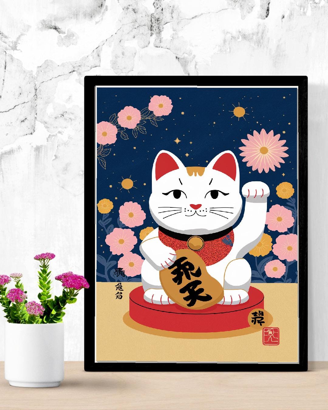 Japanese Lucky Cat Maneki Neko Wall Art – Minimalist Asian Fortune ...