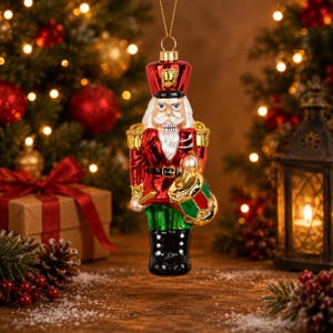 Nutcracker Soldier Glass Christmas Ornament | Hand-Painted Holiday Nutcracker with Drum | Traditional Christmas Tree Decoration
