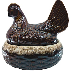 Vintage Hull Pottery Brown Drip Hen on Nest Covered Casserole