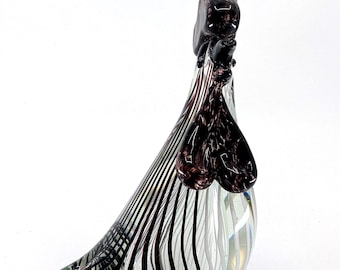 Vintage Murano style hand blown art glass chicken figurine in clear and amethyst glass.