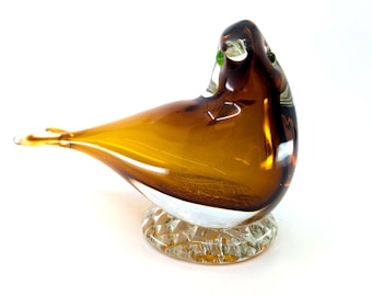 Vintage Hand Blown Amber Glass Bird Figurine, Speckled Base Green Accents