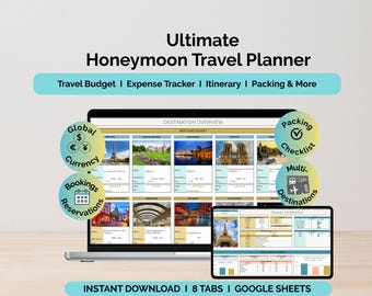 Honeymoon Travel Planner Google Sheets Vacation Planner Spreadsheet Trip Itinerary Travel Budget Tracker Packing List Holiday Checklist