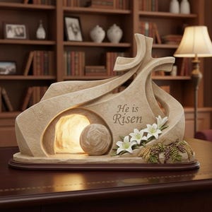 Peut inclure: Une sculpture religieuse beige représentant un tombeau ouvert avec une croix, les mots "Il est ressuscité" et des lys blancs. La sculpture est sur une base marron foncé et repose sur une table en bois.