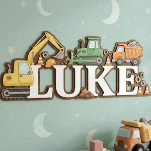 Custom Construction Name Sign for Boy Nursery, Kids Bedroom Wall Decor, Personalized Excavator Wood Sign, Baby Shower Gift, Toddler Room