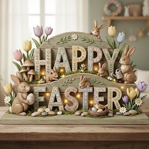 Frohe Ostern Holzschild, Geschichtete Osterdekoration mit Hasen und Tulpen, Rustikale Frühlingsdekoration, Florale Ostertischdekoration