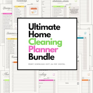 Puede incluir: Un conjunto de planificadores de limpieza imprimibles con el título "Ultimate Home Cleaning Planner Bundle". El paquete incluye listas de verificación para varias habitaciones y estaciones, con un calendario.