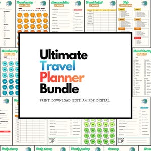 Könnte beinhalten: Ein digitales Reiseplaner-Paket mit mehreren druckbaren Vorlagen, darunter Reiseübersichten, Budgetplaner, Packlisten und Tagesabläufe. Der zentrale Text lautet Ultimate Travel Planner Bundle, Print, Download, Edit, A4, PDF, Digital.