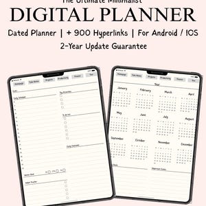 Può includere: Due agende digitali visualizzate su tablet. Il testo sullo schermo include "The Ultimate Minimalist DIGITAL PLANNER" e "Dated Planner + 900 Hyperlinks". Uno schermo mostra un programma giornaliero, l'altro un calendario annuale.