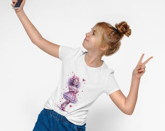 Lila prinsessdocka, långärmad t-shirt för ungdomar i jersey | Söt hjärtillustration