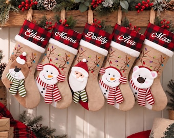 Calza di Natale personalizzata per la famiglia con nome, calza con personaggio in peluche 3D, decorazione natalizia personalizzata ricamata, regalo di Natale