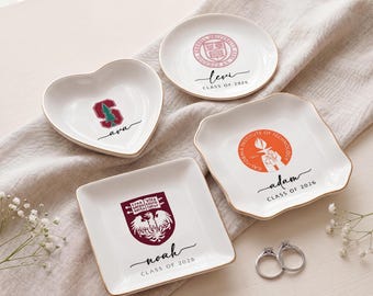 Bandeja personalizada para joyas de graduación, bandeja para baratijas con el logotipo de la universidad, regalo de graduación para ella, recuerdo de graduación, bandeja personalizada para anillos con nombre.