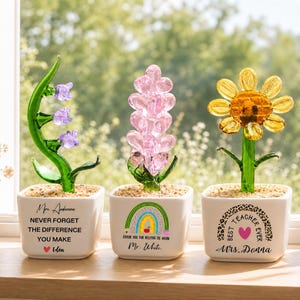 May include: Three glass flower figurines in white square pots. The left pot says "Mrs. Anderson NEVER FORGET THE DIFFERENCE YOU MAKE Eden". The middle pot features a rainbow and "THANK YOU FOR HELPING ME GROW Mr. White". The right pot says "BEST TEACHER EVER Mrs. Donna".