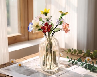 Flor de vidrio hecha a mano para el mes de nacimiento, ramo de flores de nacimiento familiar, regalo de cumpleaños para mamá, regalo para ella, flores de vidrio soplado a mano