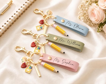 Llavero personalizado para profesores, regalo de agradecimiento para profesores al inicio del curso escolar, llavero de cuero personalizado con dijes de profesores, regalo de fin de curso para profesores