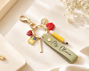 Llavero personalizado para profesores, regalo de agradecimiento para profesores al regreso a clases, llavero de cuero personalizado con dijes de profesores, regalo para profesores