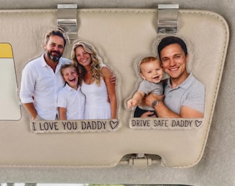 Colgante para coche con foto personalizada, regalo para papá que dice "Conduce con cuidado", adorno acrílico personalizado, regalo de los hijos para el padre, recuerdo para colgar en el coche, regalo para él.