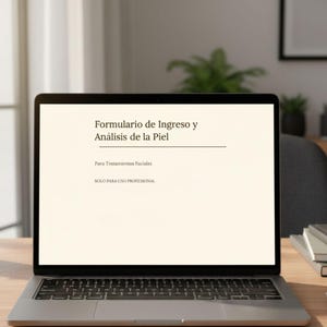 May include: A laptop displaying a document titled "Formulario de Ingreso y Análisis de la Piel" in a light beige font. The text "Para Tratamientos Faciales" and "SOLO PARA USO PROFESIONAL" are also visible. The laptop sits on a wooden desk with a succulent plant and books.