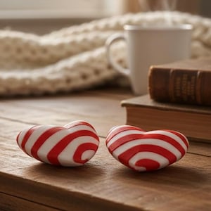 Puede incluir: Una vela naranja encendida en un vaso, dos caramelos en forma de corazón con rayas rojas y blancas, una taza blanca y un libro sobre una superficie de madera. Una escena acogedora con una manta suave en el fondo, cerca de una ventana.