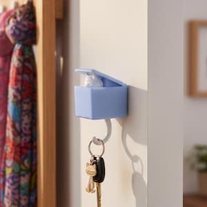 May include: A light blue key holder shaped like a box with a white cat figurine inside. A key with a gold cat charm hangs below. The key holder is mounted on a white wall, with a wooden rack and scarves visible in the background.