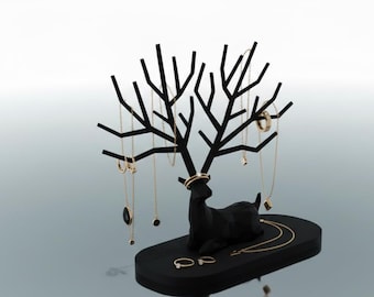 Archivo STL de soporte para joyas de alce para impresión 3D: soporte geométrico para anillos y collares, diseño de baja poligonización, descarga digital