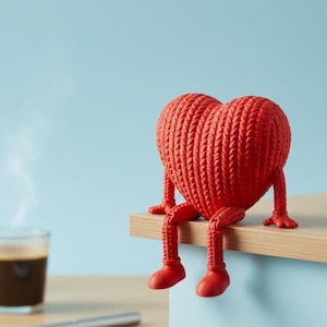 May include: A red heart-shaped figurine with legs and feet, sitting on the edge of a wooden surface. The heart has a textured, knitted appearance. A cup of coffee sits on a table in the background.