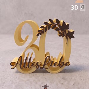 Op de afbeelding: Een 3D-geprint lichtgeel cijfer 30, voorzien van een donkerbruin bladerakcent op de nul en de donkerbruine cursieve tekst Alles Liebe over de basis. De afbeelding bevat een 3D-printerpictogram en de tekst DIGITALE STL DRUCKDATEI.