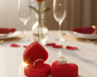 Archivo STL: Caja para anillos en forma de corazón con aspecto de punto y rosa: plantilla de impresión 3D para San Valentín, bodas y compromisos: Cozy Knit Heart Box