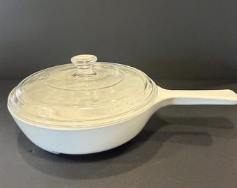 Vintage 1970s CorningWare “Microwave Browning” Skillet with PYREX lid in All White Pattern Model MW-83-B