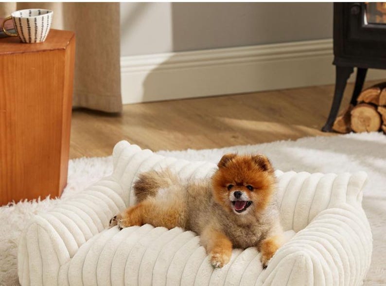 May include: A small, fluffy Pomeranian dog with orange and tan fur lying on a rectangular, cream-colored pet bed. The bed features a soft, ribbed, corduroy-like texture with raised sides and a plush, cushioned base for comfort and support.