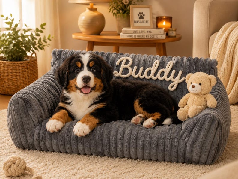 May include: A dark gray corduroy pet sofa featuring a plush texture and a high backrest. The name Buddy is embroidered in white script on the backrest. A Bernese Mountain Dog puppy is lying on the sofa next to a small, light brown teddy bear.