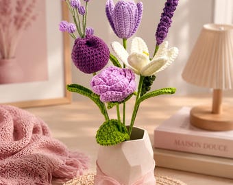 Bouquet di fiori all'uncinetto personalizzato, scegli i tuoi fiori, composizione floreale lavorata a maglia e realizzata a mano, regalo floreale eterno, decorazione per la casa