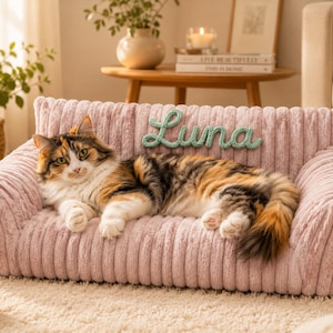 May include: A plush, dusty pink pet sofa with a ribbed corduroy texture. The backrest features the name Luna written in a light green, cursive, yarn-like script. A calico cat with white, orange, and black fur is resting on the soft, cushioned seat.