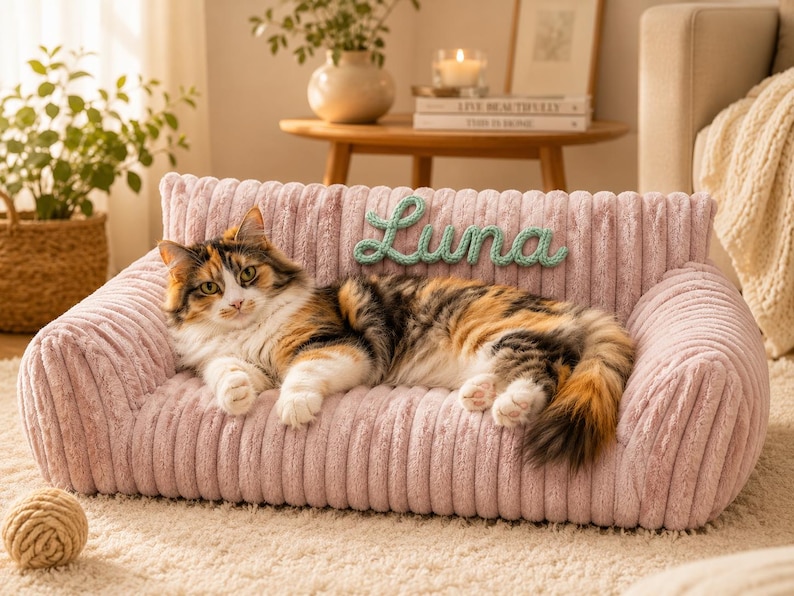May include: A plush, dusty pink pet sofa with a ribbed corduroy texture. The backrest features the name Luna written in a light green, cursive, yarn-like script. A calico cat with white, orange, and black fur is resting on the soft, cushioned seat.