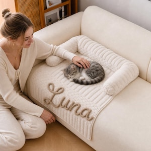 Personalized Crochet Name Pet Sofa Mat Washable Fleece Dog Cat Couch Bed Cover for Small Large Pets