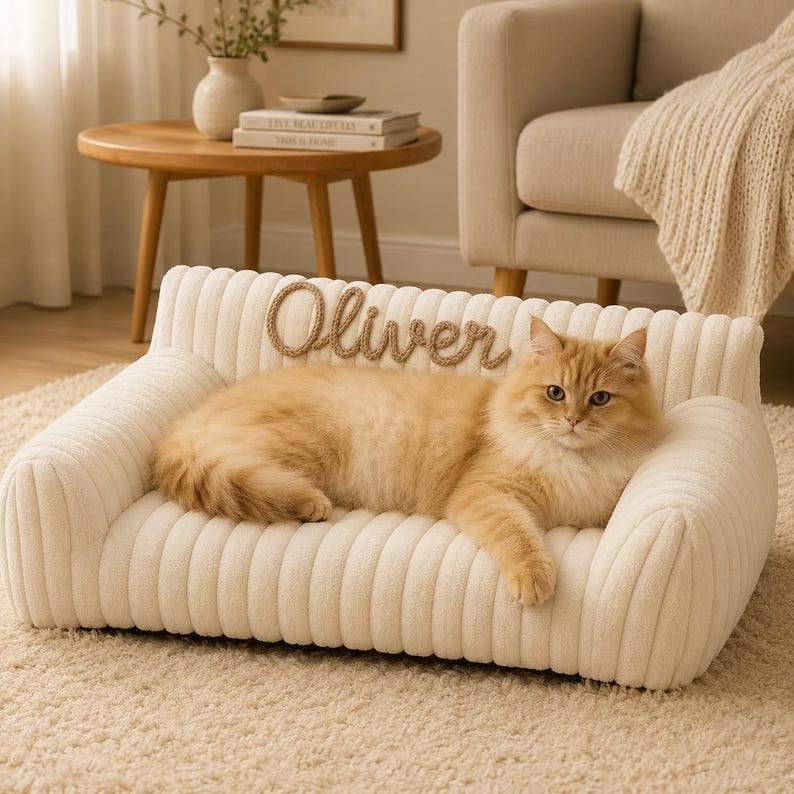 May include: A cream-colored, ribbed pet sofa featuring a personalized name tag that reads Oliver in cursive script. A long-haired ginger cat is resting on the soft, textured surface of the bed, which has a backrest and two side armrests.