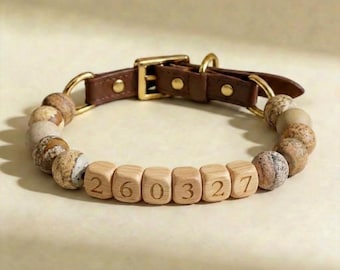 Collare per cani personalizzato con numero, perline in legno di pietra naturale e cinturino in pelle regolabile.