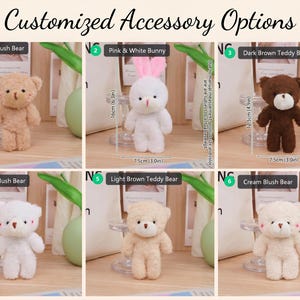 May include: A grid of six plush toys labeled Customized Accessory Options: a brown bear, a white bunny with pink ears, a dark brown bear, a white bear, a light brown bear, and a cream bear. The bunny is 6.3 inches tall and 3.0 inches wide.