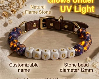 Collare per cani personalizzato con pietra a fiamma, reattivo ai raggi UV, gioiello con nome personalizzato e perline, regalo in pelle per cuccioli.