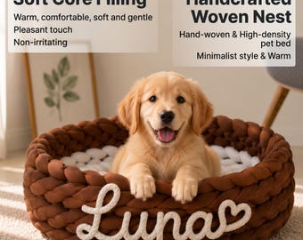 Cuccia personalizzata per animali domestici in maglia grossa bicolore, cuccia per cani con nome personalizzato, nido per cuccioli intrecciato a mano, comoda cesta per gatti, regalo per amanti degli animali