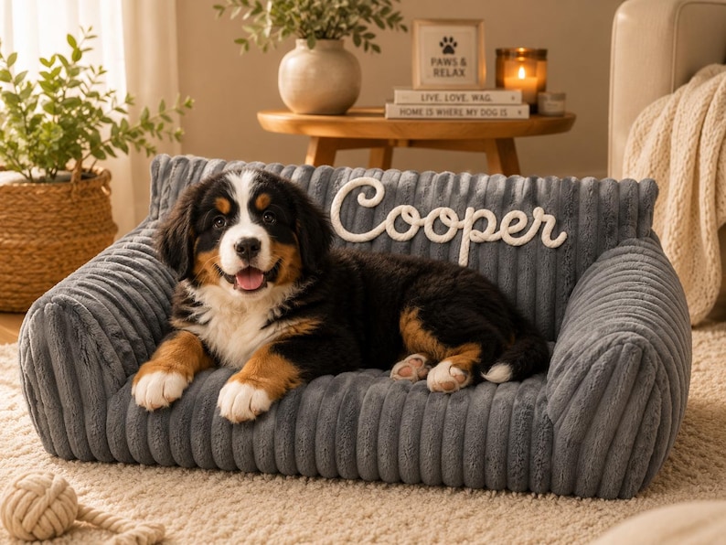 May include: A gray, corduroy-textured pet sofa bed featuring a high backrest and cushioned sides. The name Cooper is embroidered in white script on the backrest. A Bernese Mountain Dog puppy with black, brown, and white fur is lying on the bed.