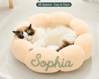 Personalized Flower Pet Bed, Custom Bed, Plush Donut Pet Nest, Soft PP Cotton Puppy Bed, Calming Pet Cushion, Gift for Cat & Small Dog
