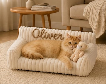Personalized Pet Sofa Bed, Custom Name Dog Bed with Teddy Bear, Plush Couch for Dogs & Cats, Cozy Pet Furniture Gift