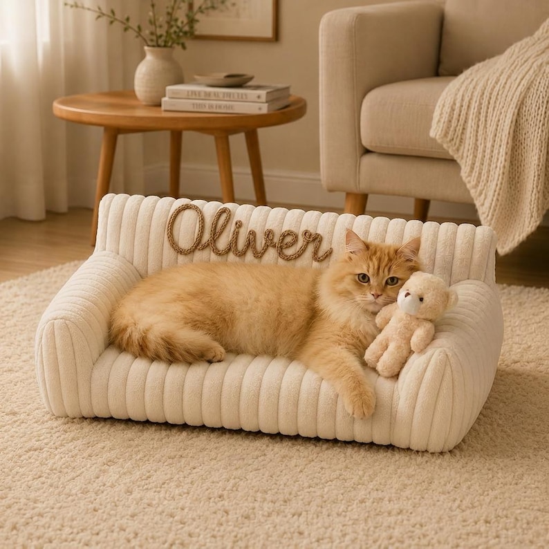 May include: A cream-colored, ribbed pet sofa featuring the name Oliver embroidered in brown rope script on the backrest. A long-haired orange cat is lying on the sofa, holding a small, light brown plush teddy bear with a white muzzle.