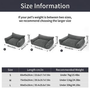 May include: A size information chart for three grey corduroy pet beds. Small is 23.6x17.7x7.9 inches for pets under 15.4 lbs. Medium is 29.5x19.7x7.9 inches for pets under 24.3 lbs. Large is 35.4x25.6x7.9 inches for pets under 44.1 lbs.