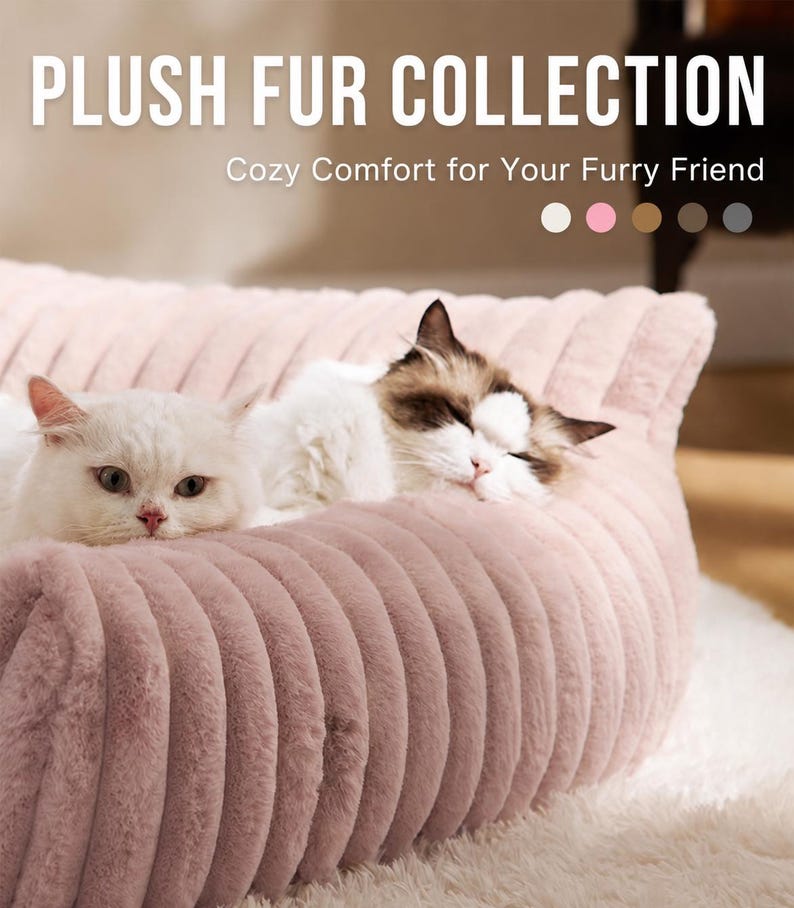 May include: A light pink, ribbed plush pet bed featuring a soft, textured surface. The text PLUSH FUR COLLECTION and Cozy Comfort for Your Furry Friend appear at the top, alongside five small colored circles representing available color options.
