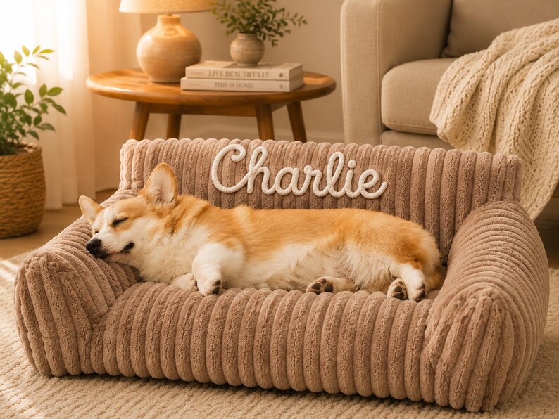 May include: A tan, corduroy-textured pet sofa featuring a high backrest with the name Charlie embroidered in white script lettering. The sofa has a rectangular base with cushioned armrests and a backrest, providing a soft surface for a dog.