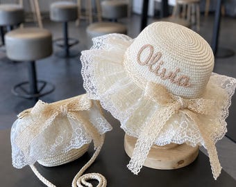 Set personalizzato con cappello da sole e borsa abbinata per bambini, cappello da spiaggia personalizzato con nome per neonati, cappello di paglia estivo per bambine, completo per picnic e vacanze.