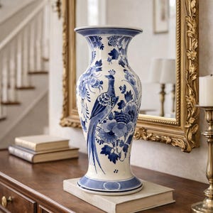 May include: A tall, white ceramic vase with blue floral and peacock designs. The vase is placed on a book atop a wooden table, with a gold-framed mirror in the background. The vase has a flared rim and a wide base.